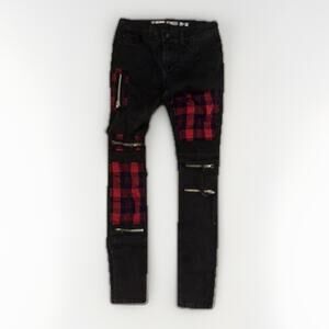 Hot Topic Stinger Plaid Patchwork Denim Jeans Black Red Zipper Punk Goth 28x32